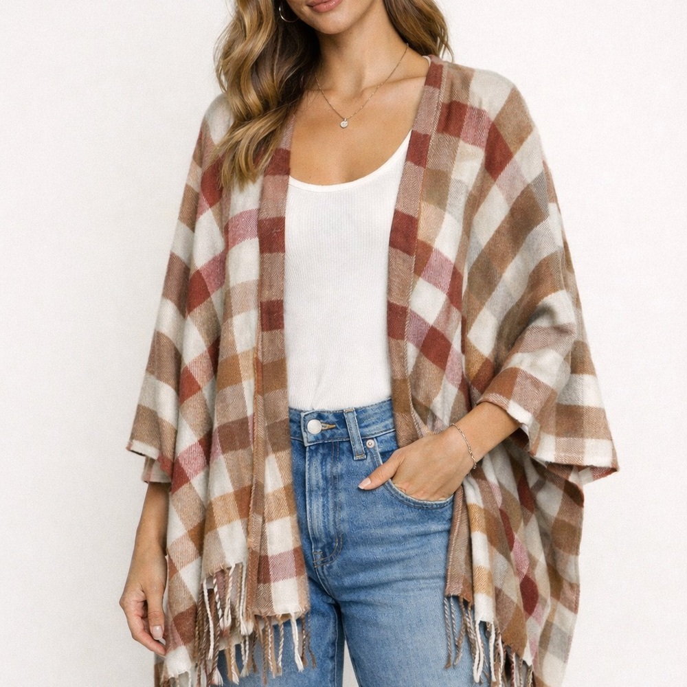 NWT Sonoma Plaid Fringe Open Cardigan Poncho Shawl – Cream Camel Rust